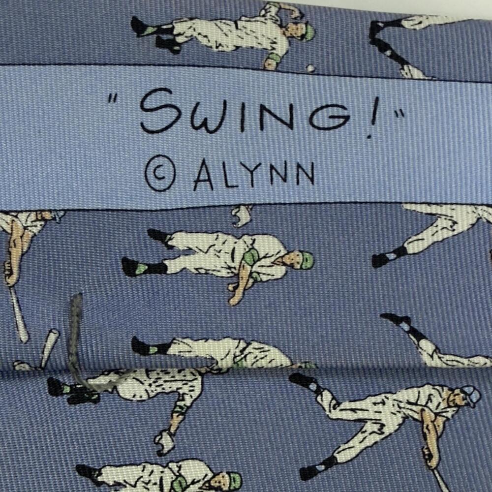 Vintage ALYNN Silk Necktie Baseball Players Sports Novelty Print Blue Tie - Picture 7 of 11